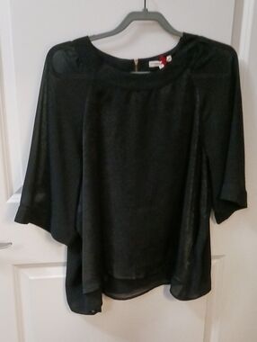 Black Draped Short-Sleeve Blouse with Boat Neck